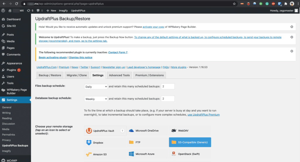 Configurando UpdraftPlus