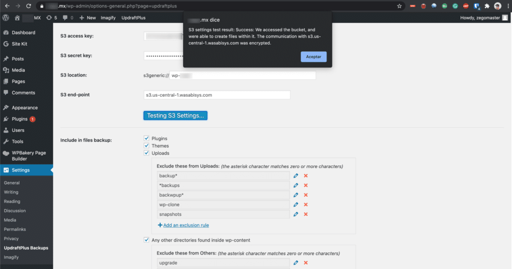 Configurando UpdraftPlus con S3 II